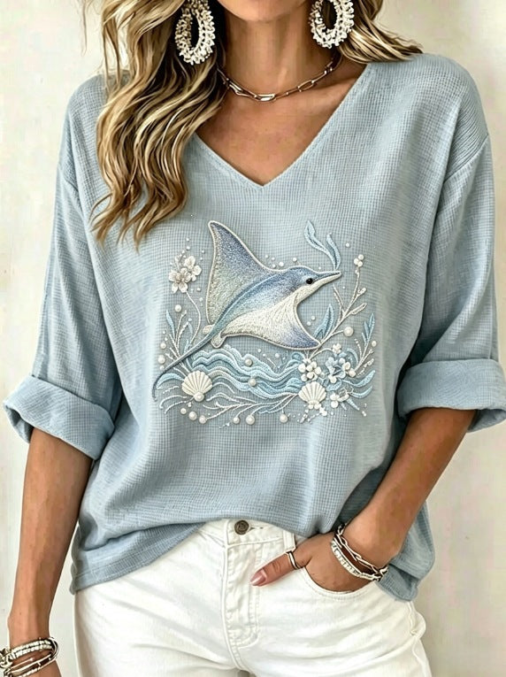 T-shirt femme en col V imprimé