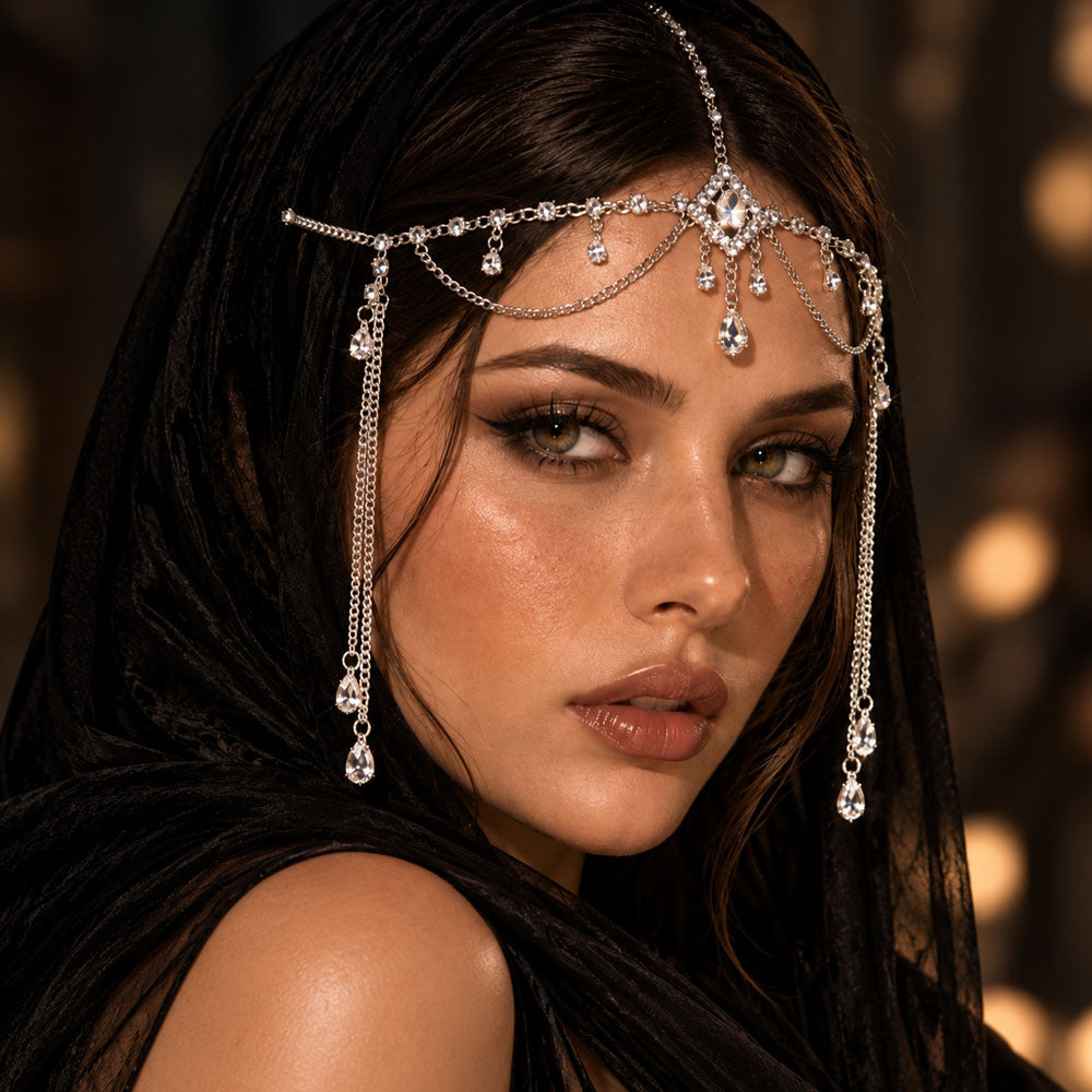 Chaîne de cheveux Teardrop Tassel en cristal complet, mode européenne et américaine