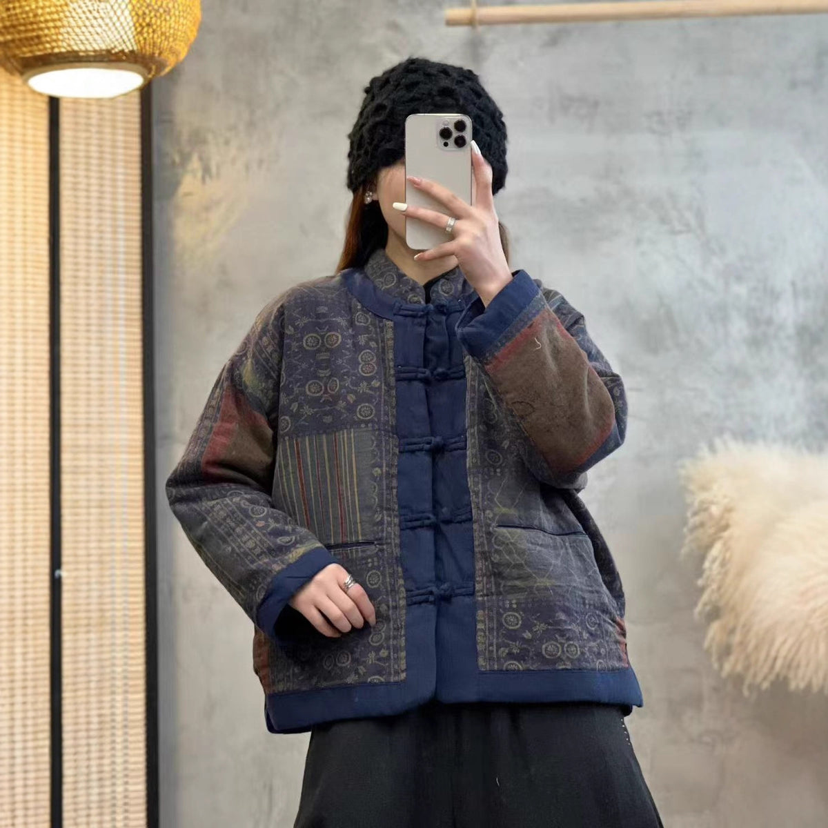 Cropped Button-front Quilted Cotton Coat with Stand-up Collar - Plus Size Winter Jacket