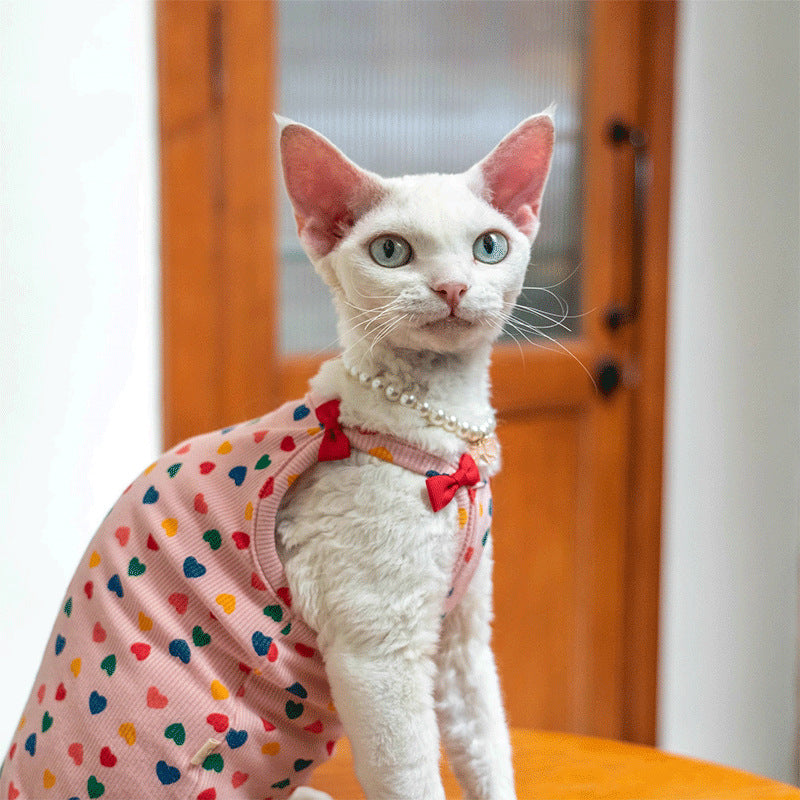 Sphynx Cat T-shirt T-shirt d'été Coeurs Pattern avec Accents Bow Stretchy confortable Skin-F