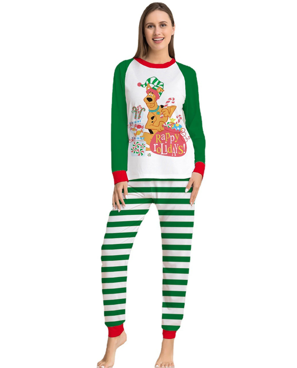 Green Cartoon Striped Long Sleeves Festival Vêtements de maison Pajamas