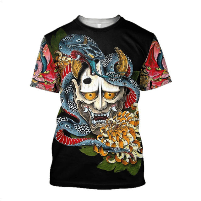 T-shirt homme 3D Samurai Imprimé T-shirt enroulé Col rond