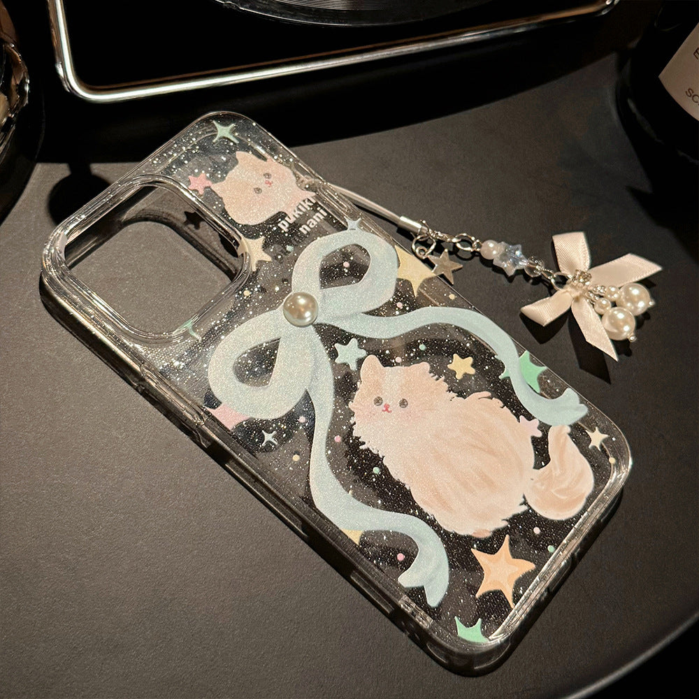 Glitter Phone Case with Bow and Cat Charm Lanyard