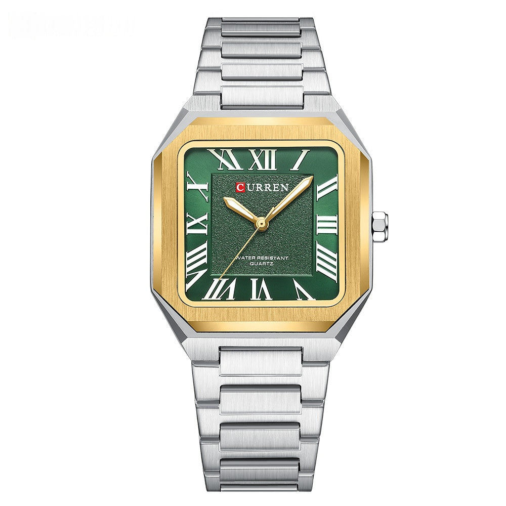 Montre Quartz à l'épreuve de l'eau carrée simple homme avec chiffres romains et bande d'acier mode