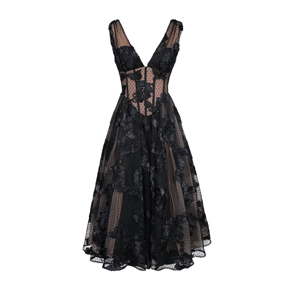 Black Deep V-Neck Mesh A-Line High-End Evening Dress