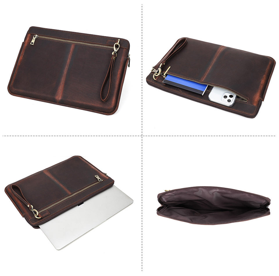 Retro Crazy Horse Carnet de notes en cuir Zipper Computer Bag