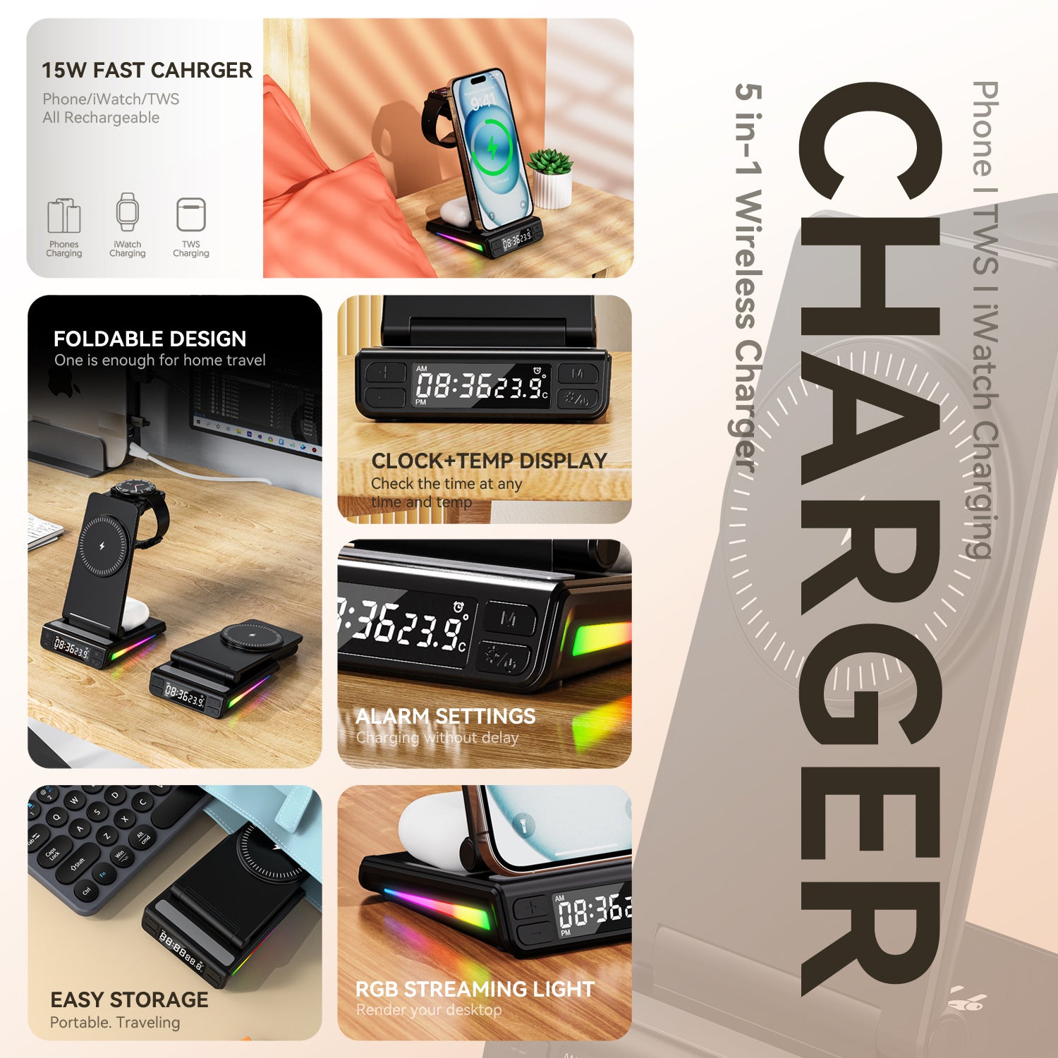 Chargeur sans fil multifonctionnel pliant vertical cinq en un de bureau