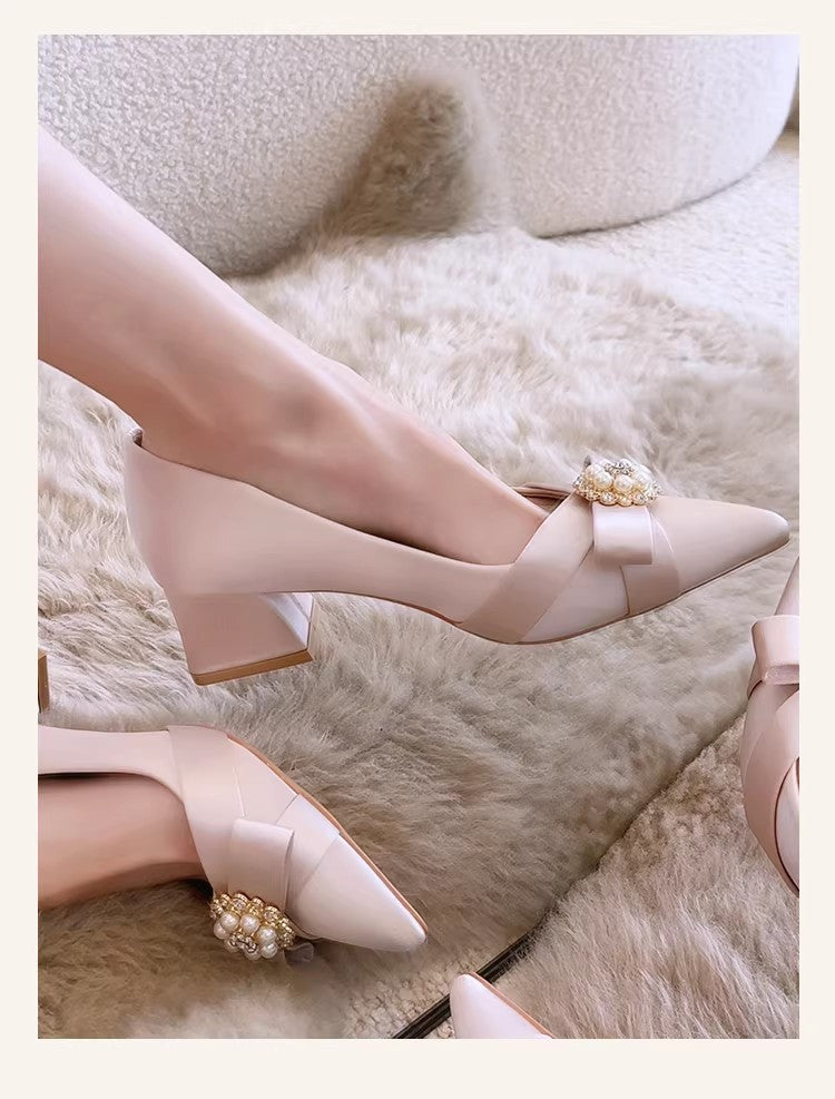 Women's Romantic Bridal Glossy Satin Block Heel Pumps