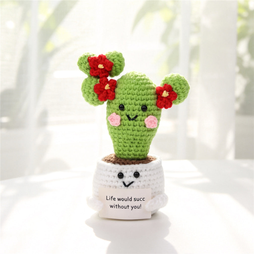 Crochet fait main Cactus Pot ornement avec brillant rouge Blossoms doux fil Croche éternelle