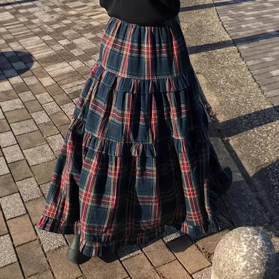 Omens Plaid Plissé Flunce-waist Élastique-waist Casual Élégant jupe Maxi