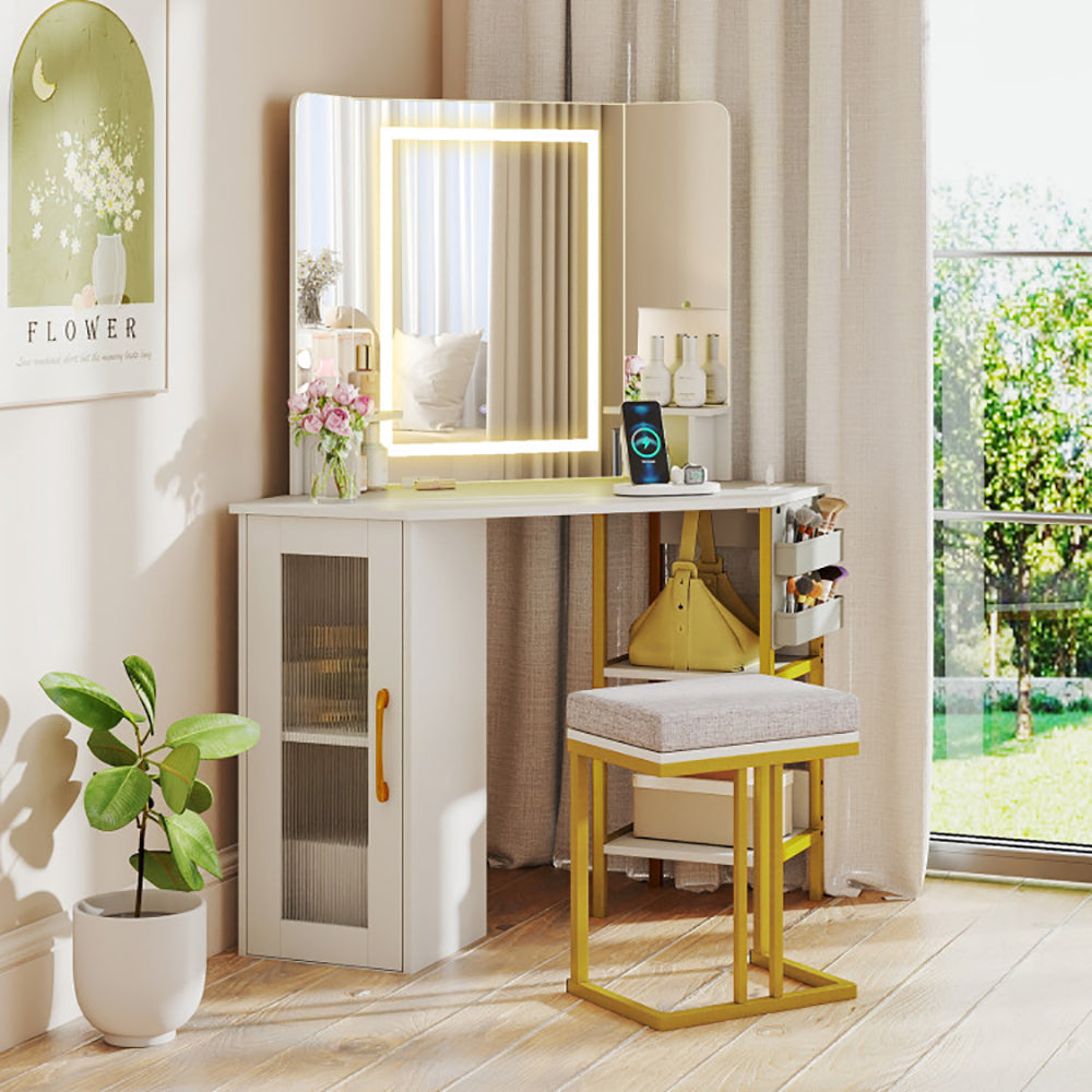 Coin Vanity Desk avec miroir et lumières Maquillage Table avec miroir triple