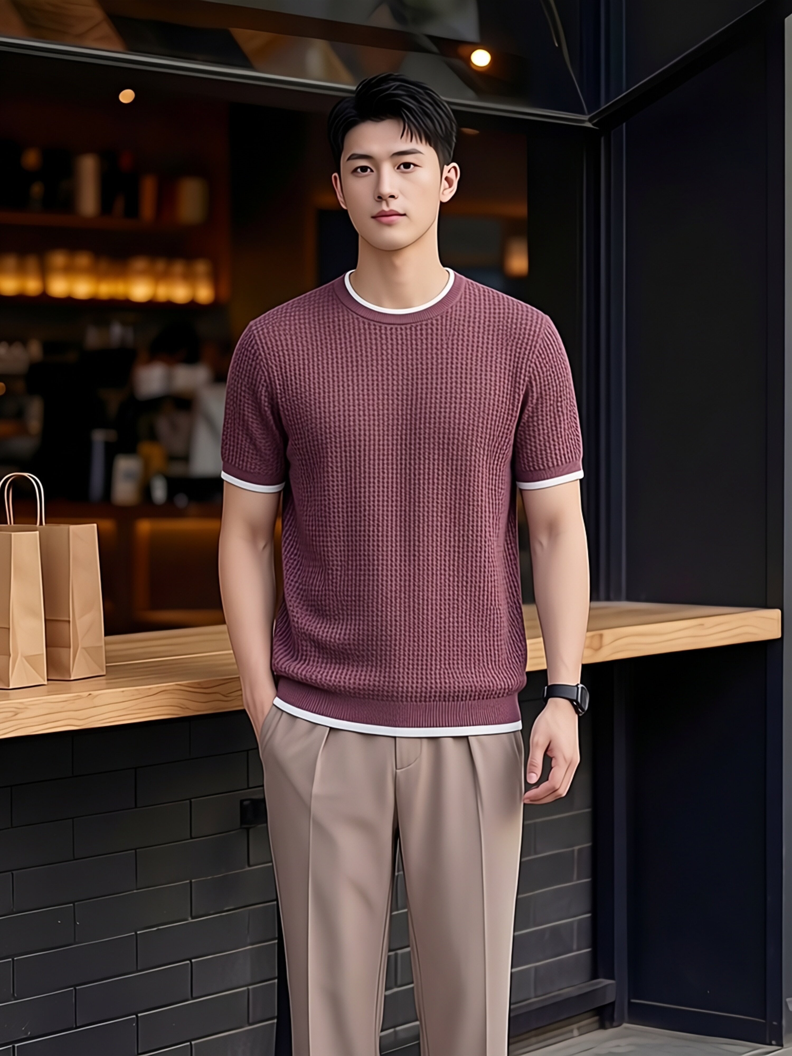 T-shirt en soie tricotée à manches courtes en vieux style d'argent pour hommes