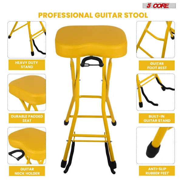 Tabouret de guitare 5 Core 3.15" Chaise rembourrée Siège pliable de musique de service lourd construit dans pied repose Gu