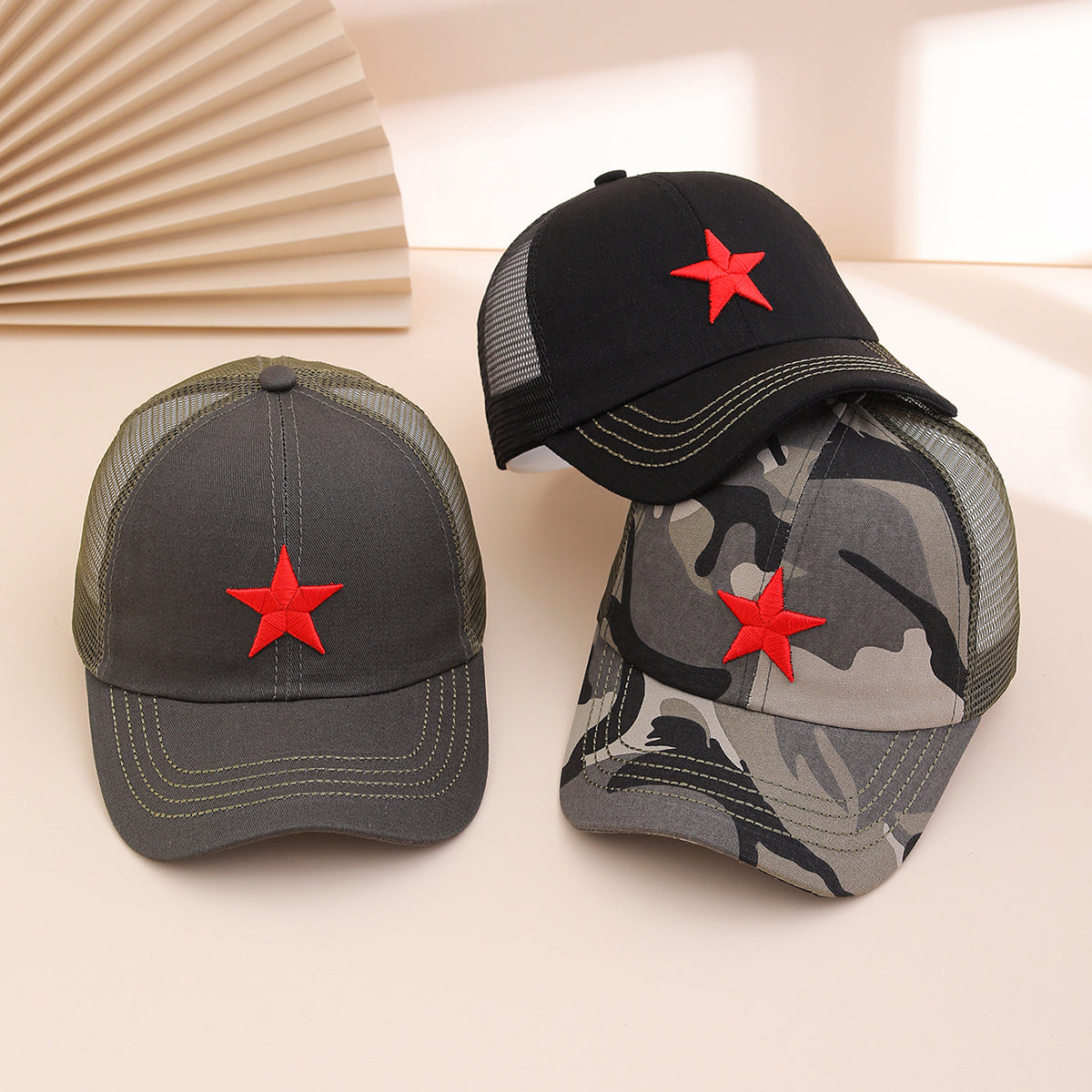Casquette de baseball en maille verte militaire à cinq points brodé