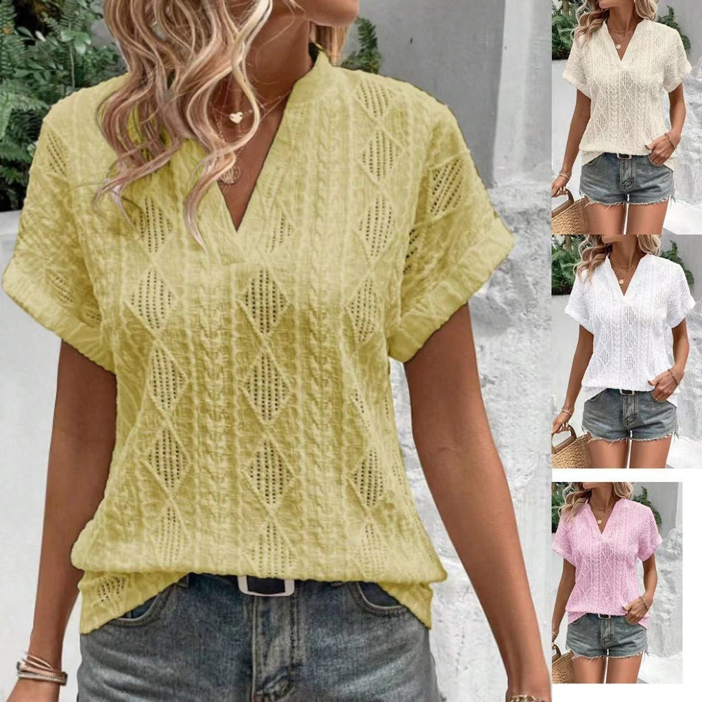 European and American Summer Casual Hollow Jacquard V-Neck Loose Shirt à manches courtes pour W