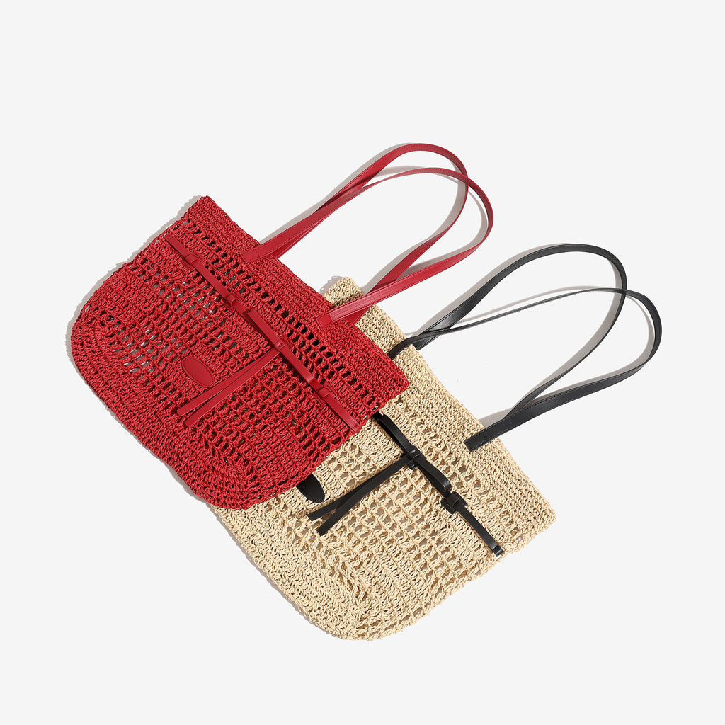 Niche-design Woven Bag Hollow-out Mesh Tote in Red