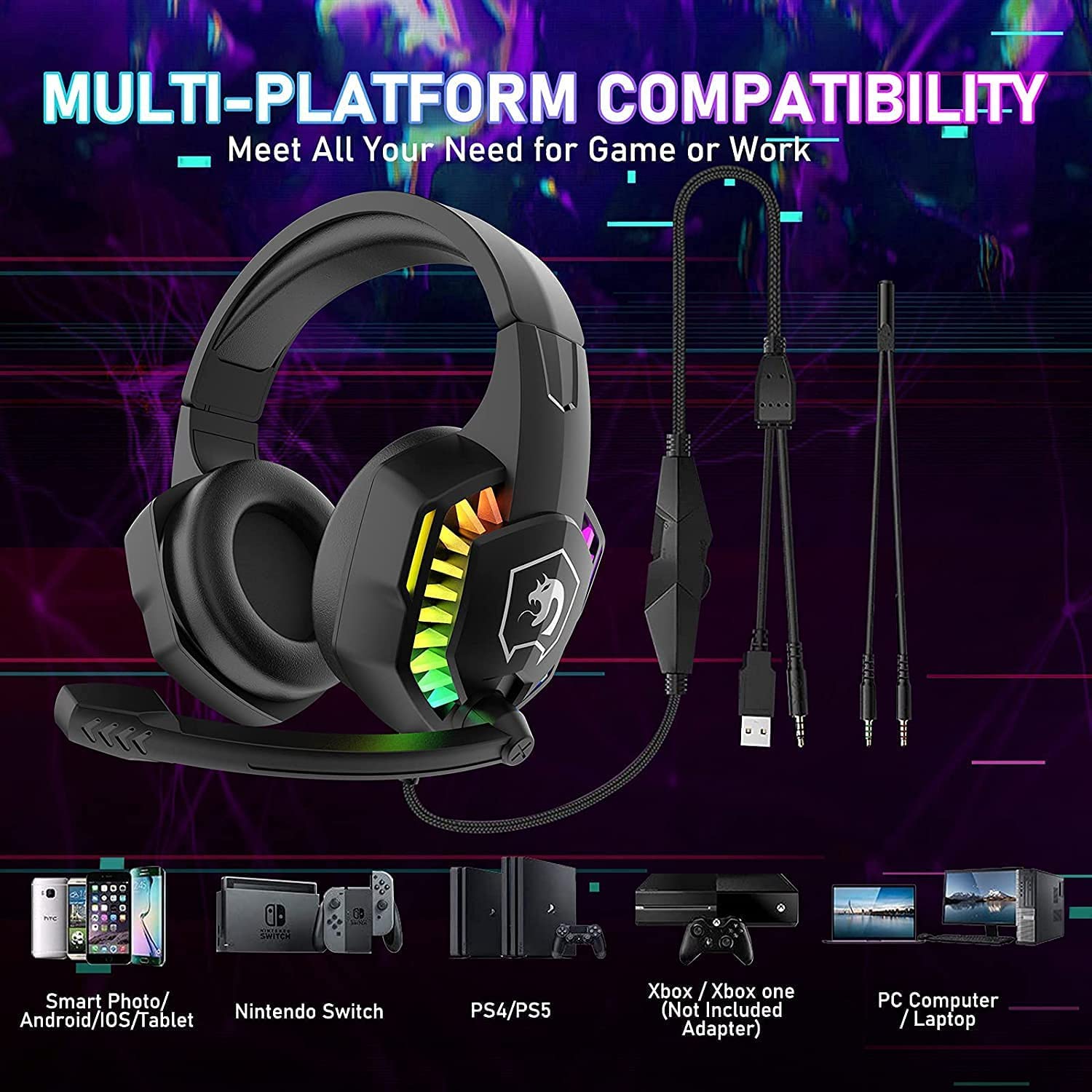 Casque de jeu filaire avec rétroéclairage Rainbow RGB son stéréo rétractable pour PS4