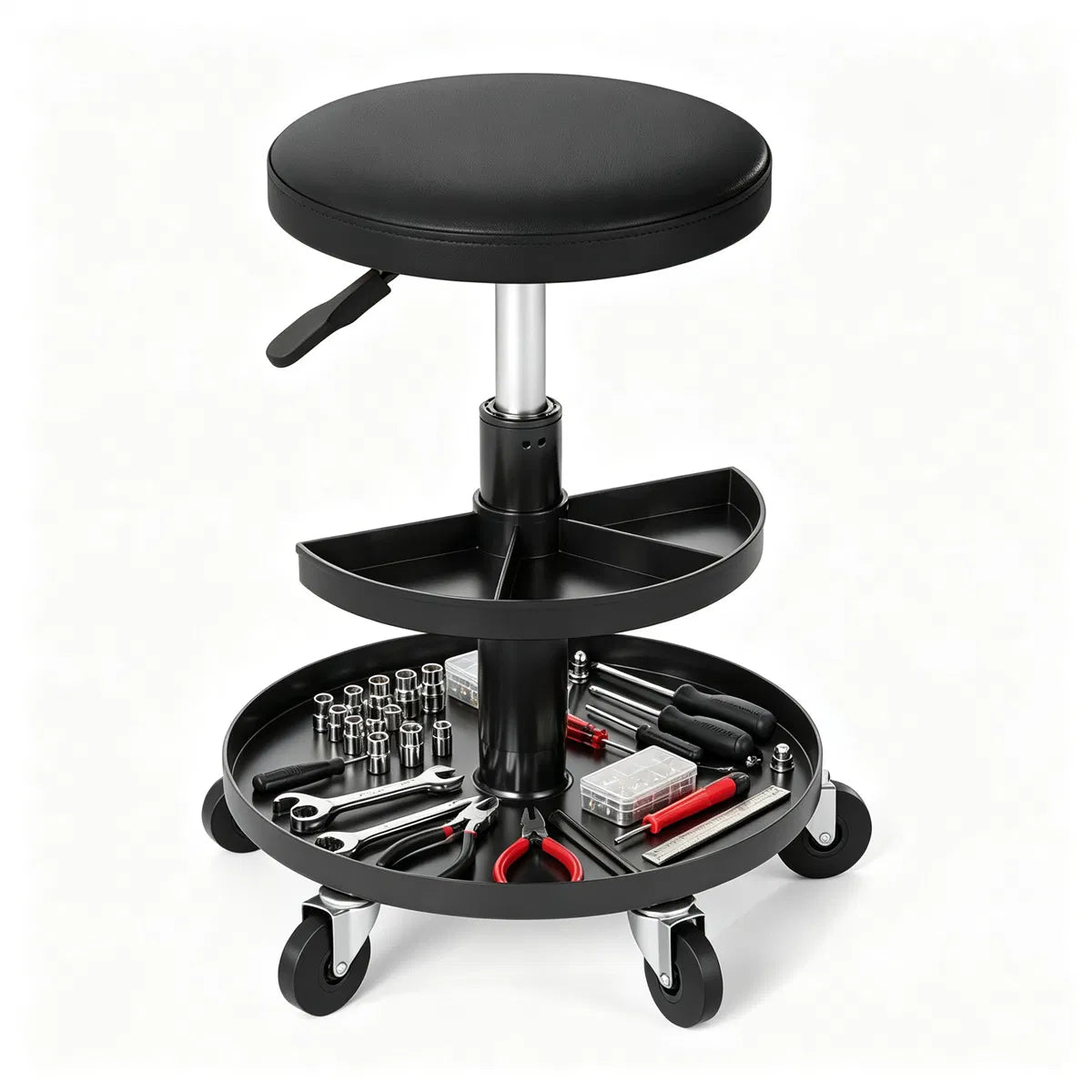 Tabouret mécanique à rouleaux réglable noir avec bacs de stockage d'outils de 2 étages