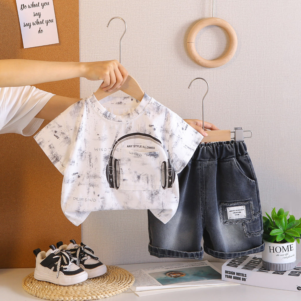 Summer Cute Baby Boy Short Sleeve Denim Shorts Two-Piece