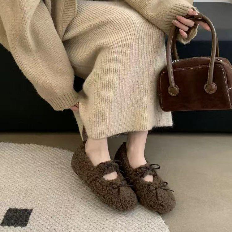 Chaussures Femmes Français Mary Jane avec Chaussures de Haricot Fluffy et Chaussures Solaires Plats