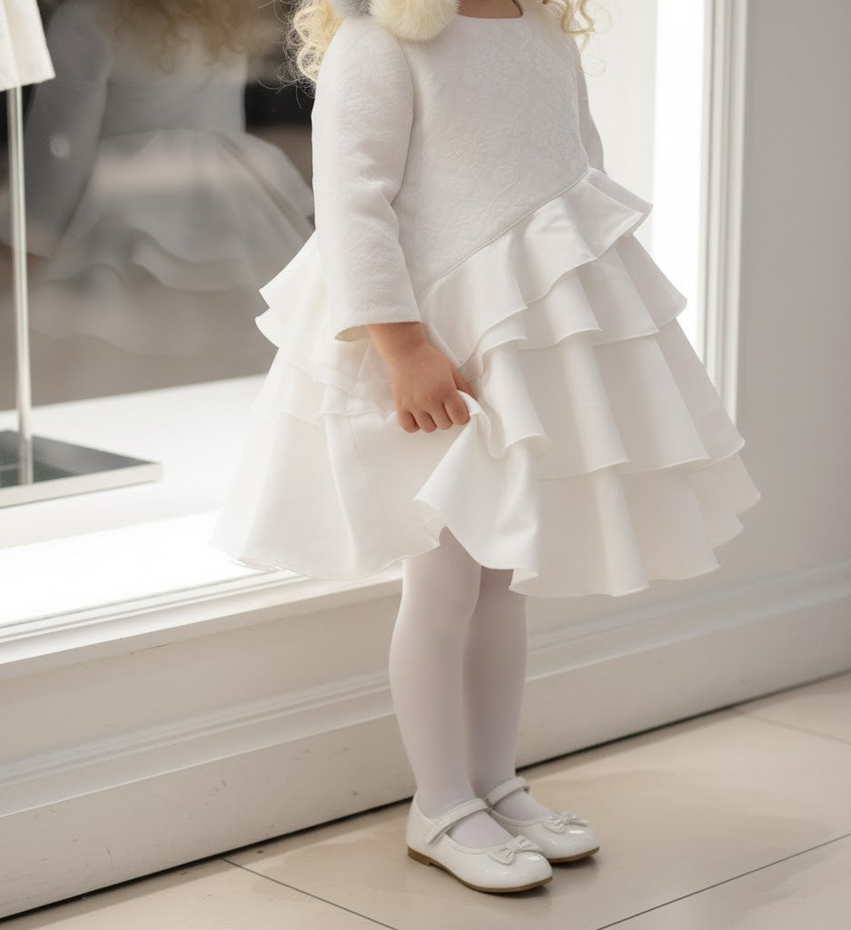 Filles Princesse Blanc Jacquard Satin Robe Élégante Multi-Layer Party porter 2-10Y