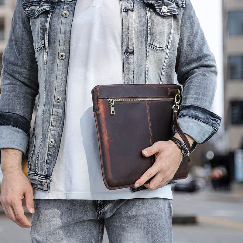 Retro Crazy Horse Carnet de notes en cuir Zipper Computer Bag