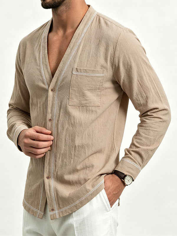 Men's Spring Autumn Lin T Shirt Men S Shirt European Size V Neck Blazer Long Sleeve Fash