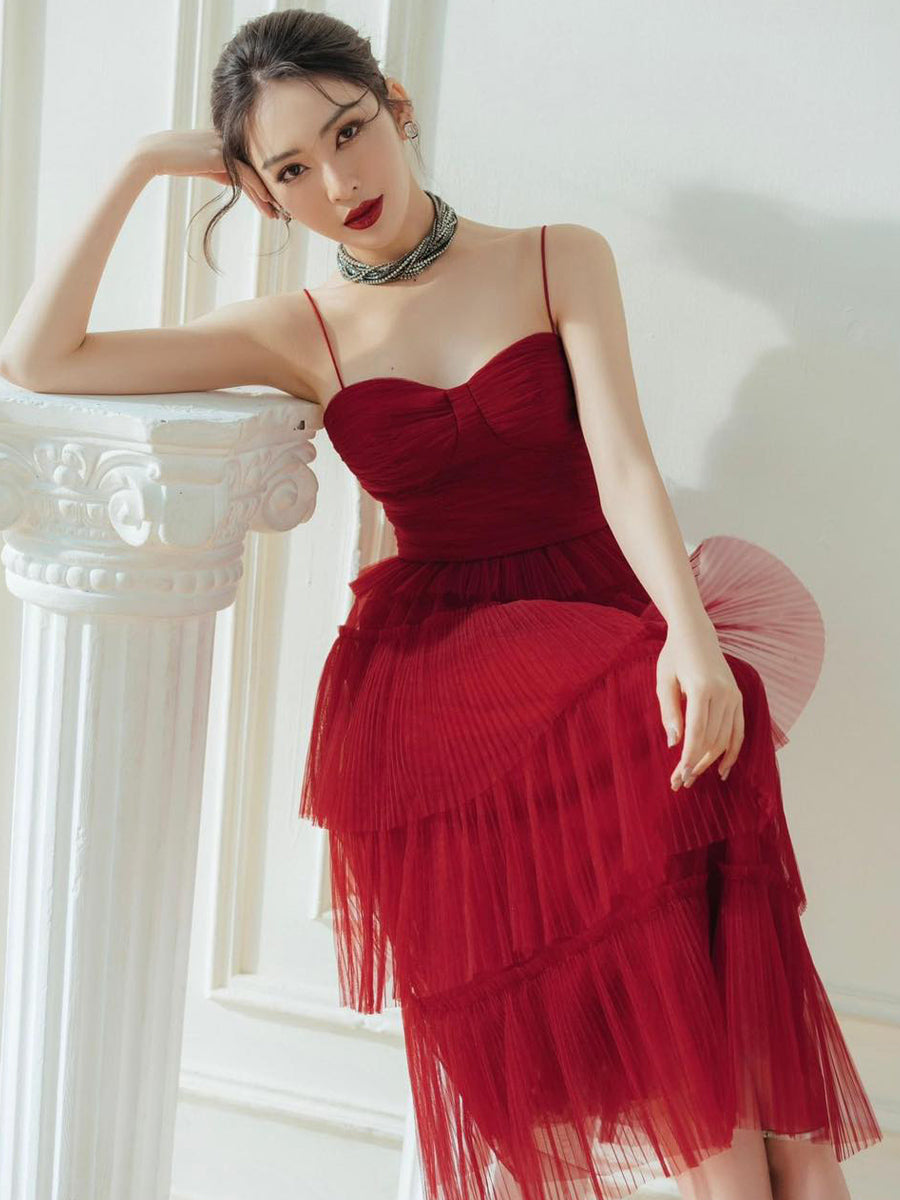 Suspender Étaler la poitrine Tempérament rouge foncé flottant petite robe longue jupe