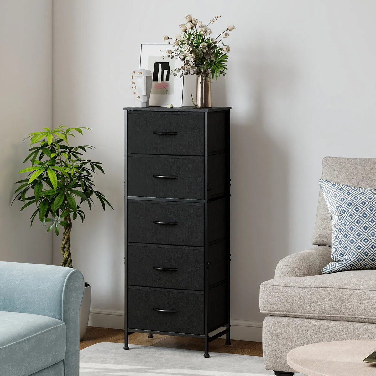 Dressing 48IN pour chambre avec 5 tiroirs de tissu Table de nuit Armoire en acier