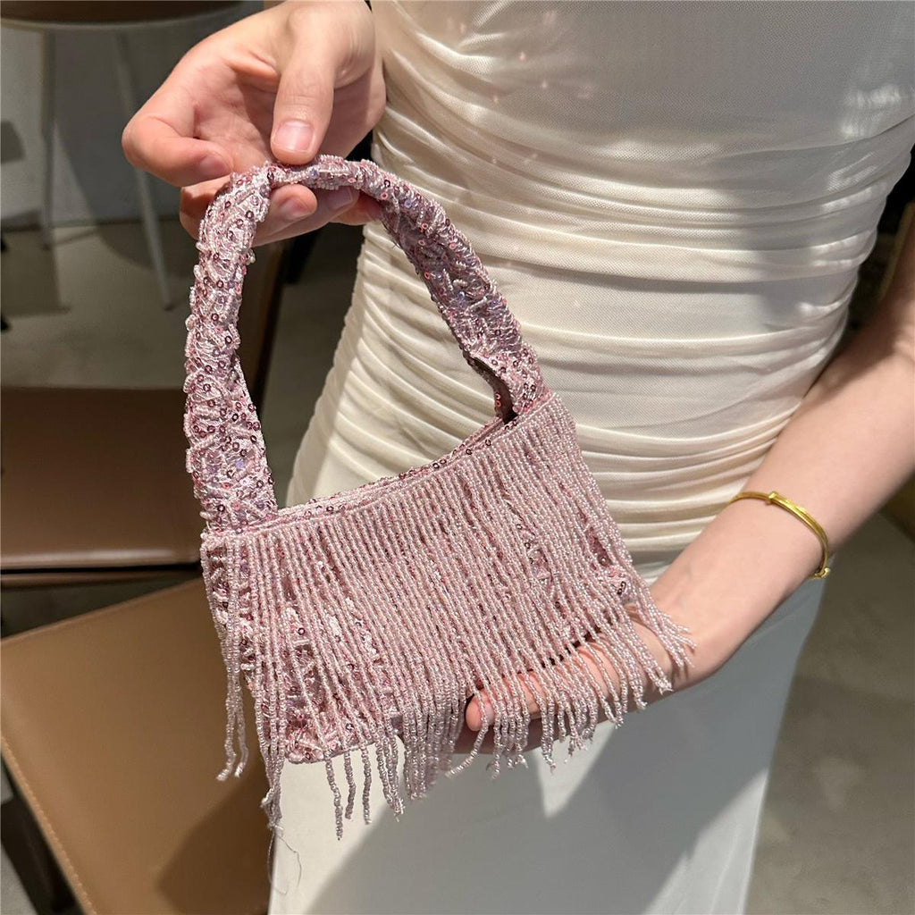 Style chinois Vintage Handmade Solid-black Perle Tassel Tote Bag