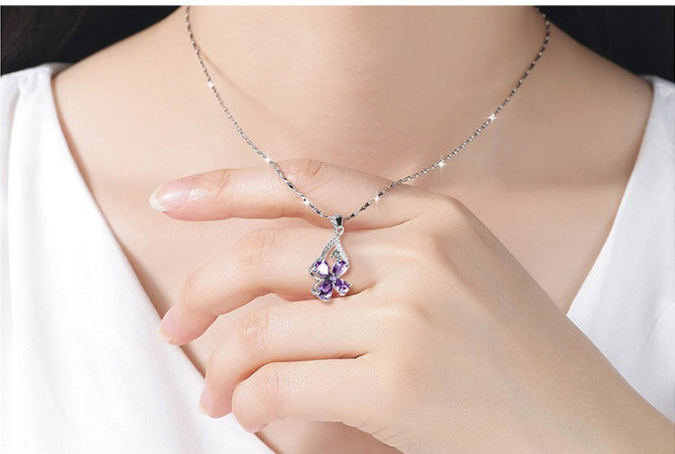 925 Sterling Silver Purple Diamond Butterfly Pendant Korean Style Necklace