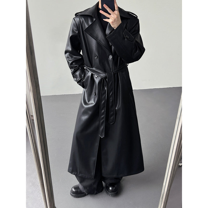 Manteau de tranchée longue en cuir à double bras pour hommes