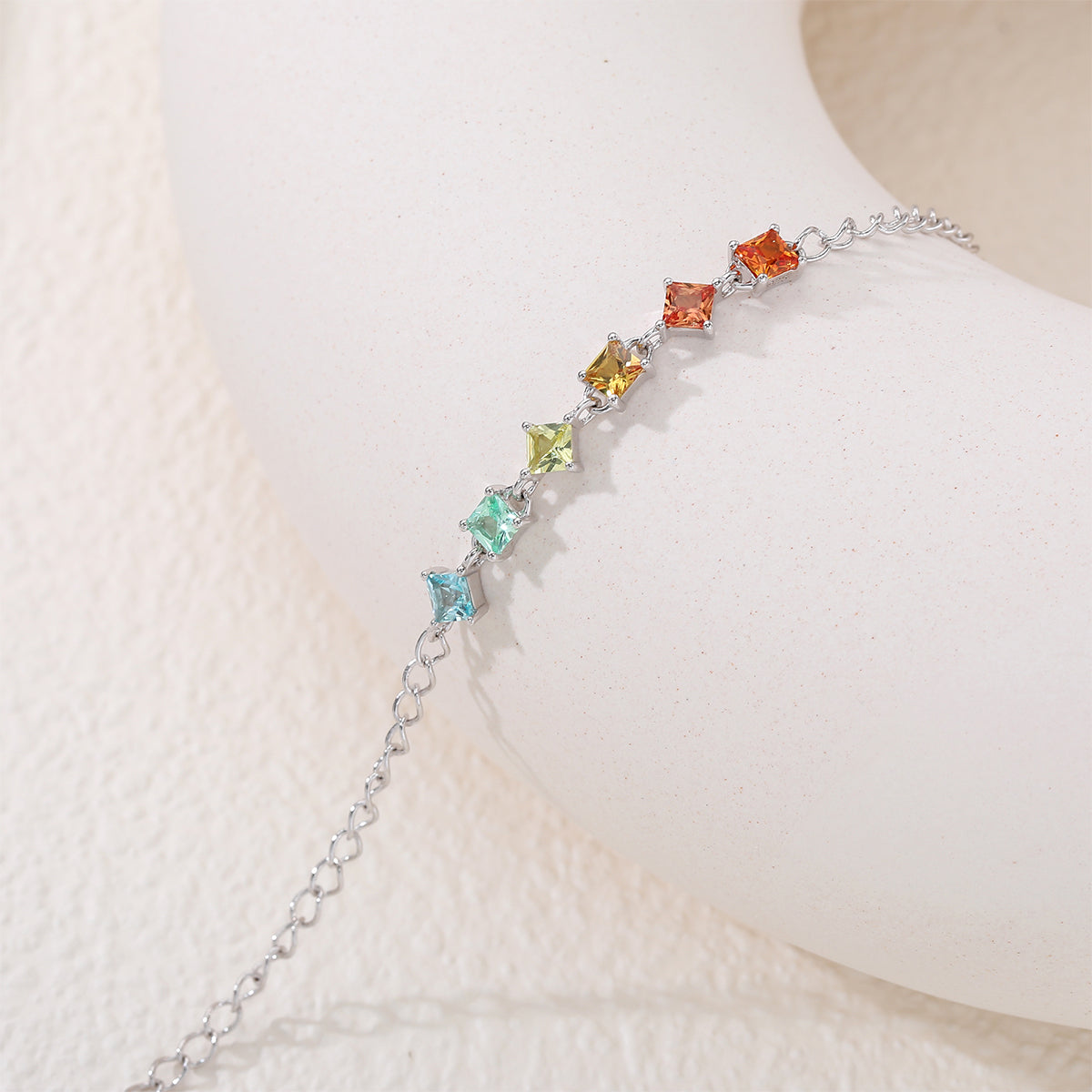 S925 Argent Sterling Rainbow Lab-Grown Bracelet de pierres précieuses 16cm carré coupe platine plaqué G