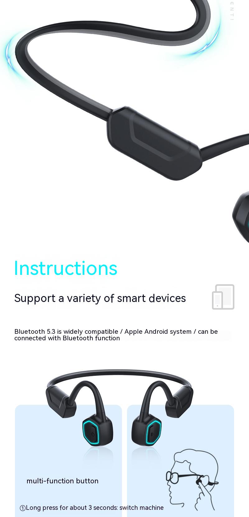 Casque Bluetooth pour la conduction osseuse Petite lampe de nuit à induction Grade 8