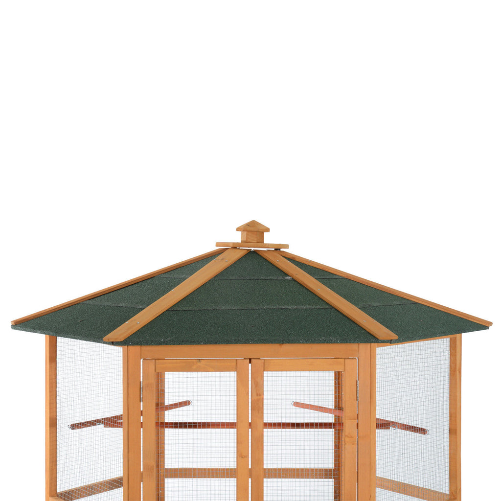 Cage d'oiseau de vol hexagonal extérieur en bois de 69 po avec toit couvert
