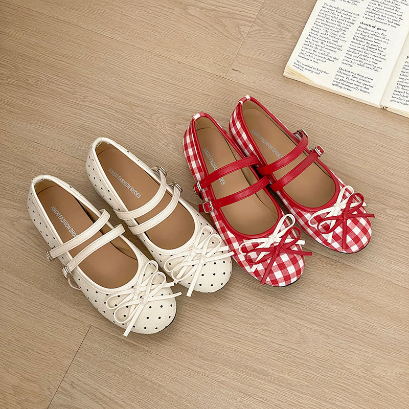 Femmes Sweet Preppy Deux Strap Mini Bow Mary Jane Flat Shoes Matching Daily