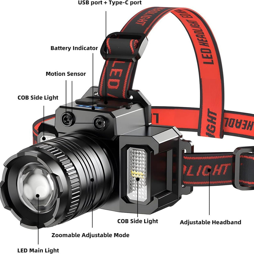 LED Tactical Headlamp Head Torch USB Rechargeable Motion Sensor Headlight Zoomable 5 Modes