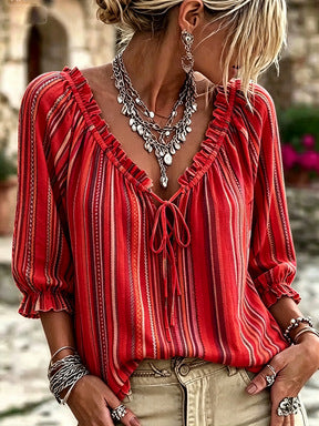 T-shirt V-Neck à manches rayées imprimé pour femmes