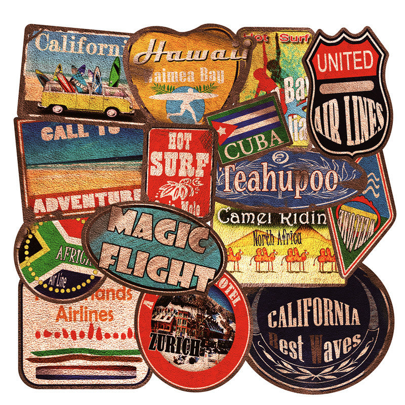 Stickers Plage Rétro Grande Taille 36 Pièces Surf Voyage