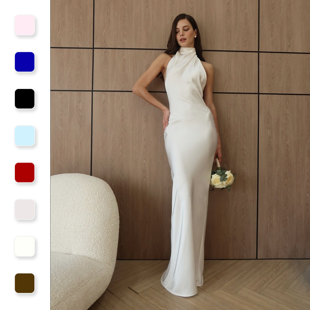 Vintage haute col Halter sirène satinée soirée Gown