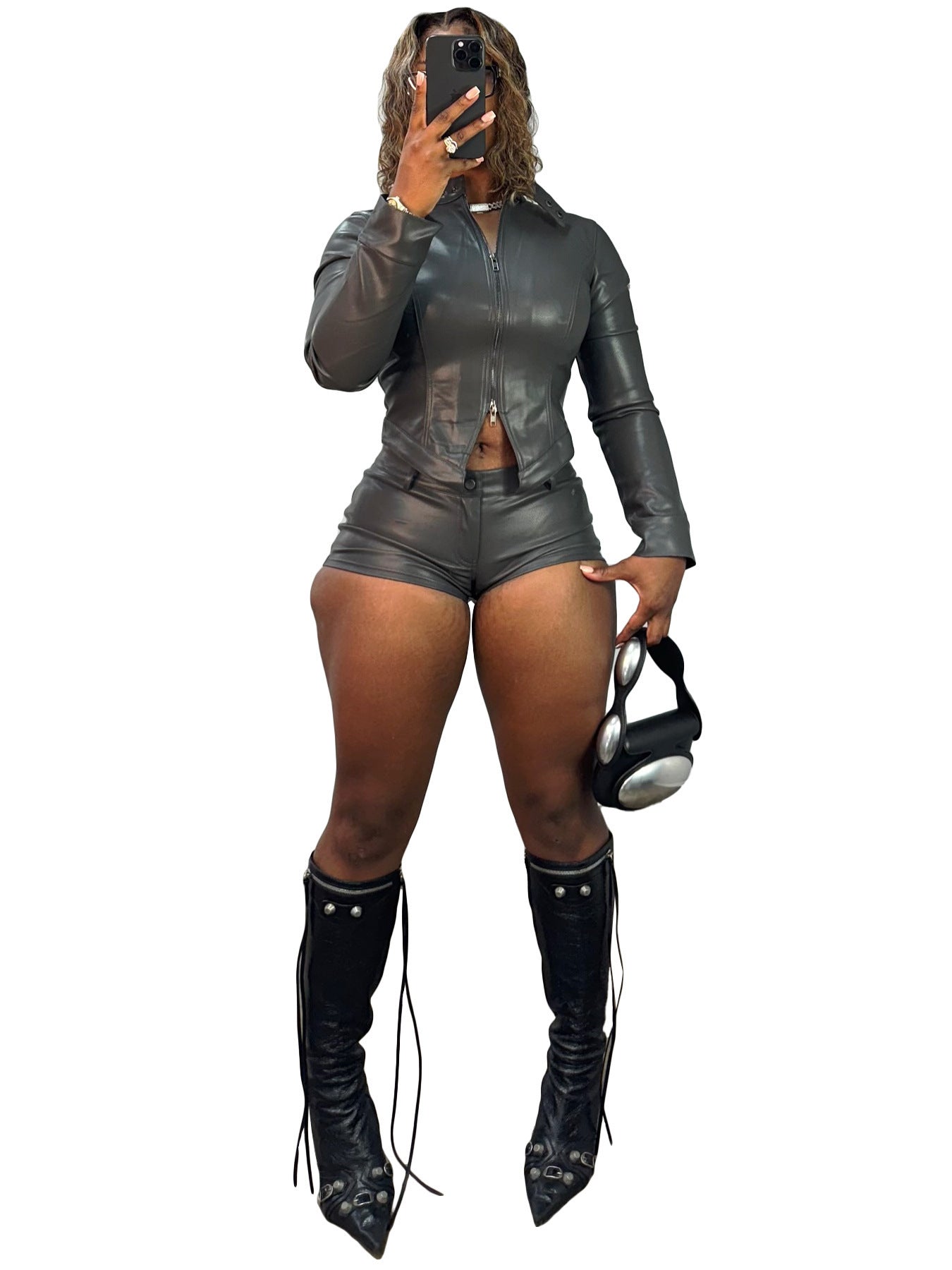 La mode européenne et américaine en cuir pour femme Stand-Collar bi-lay Zipper Biker Long-Sleev