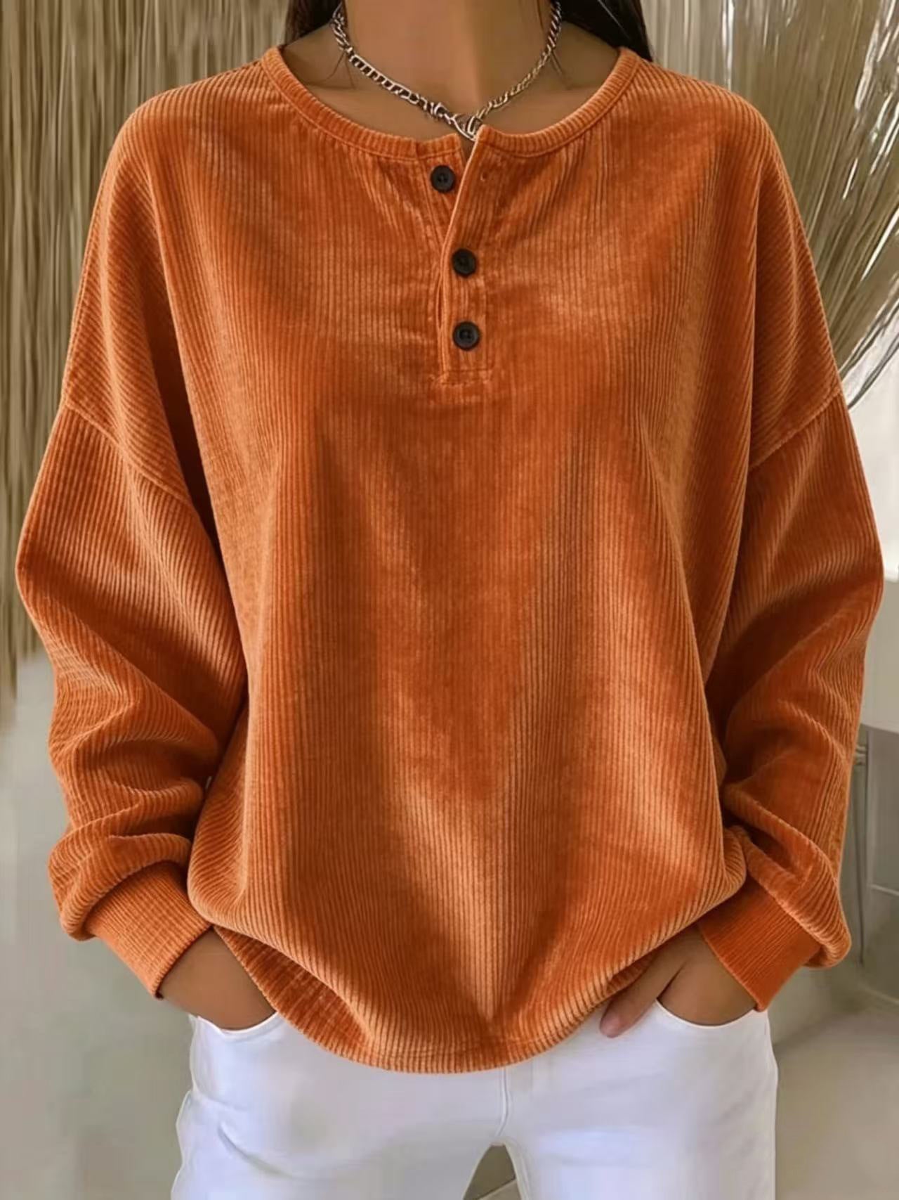 Sweat-shirt à boutons en couleur unie pour femmes