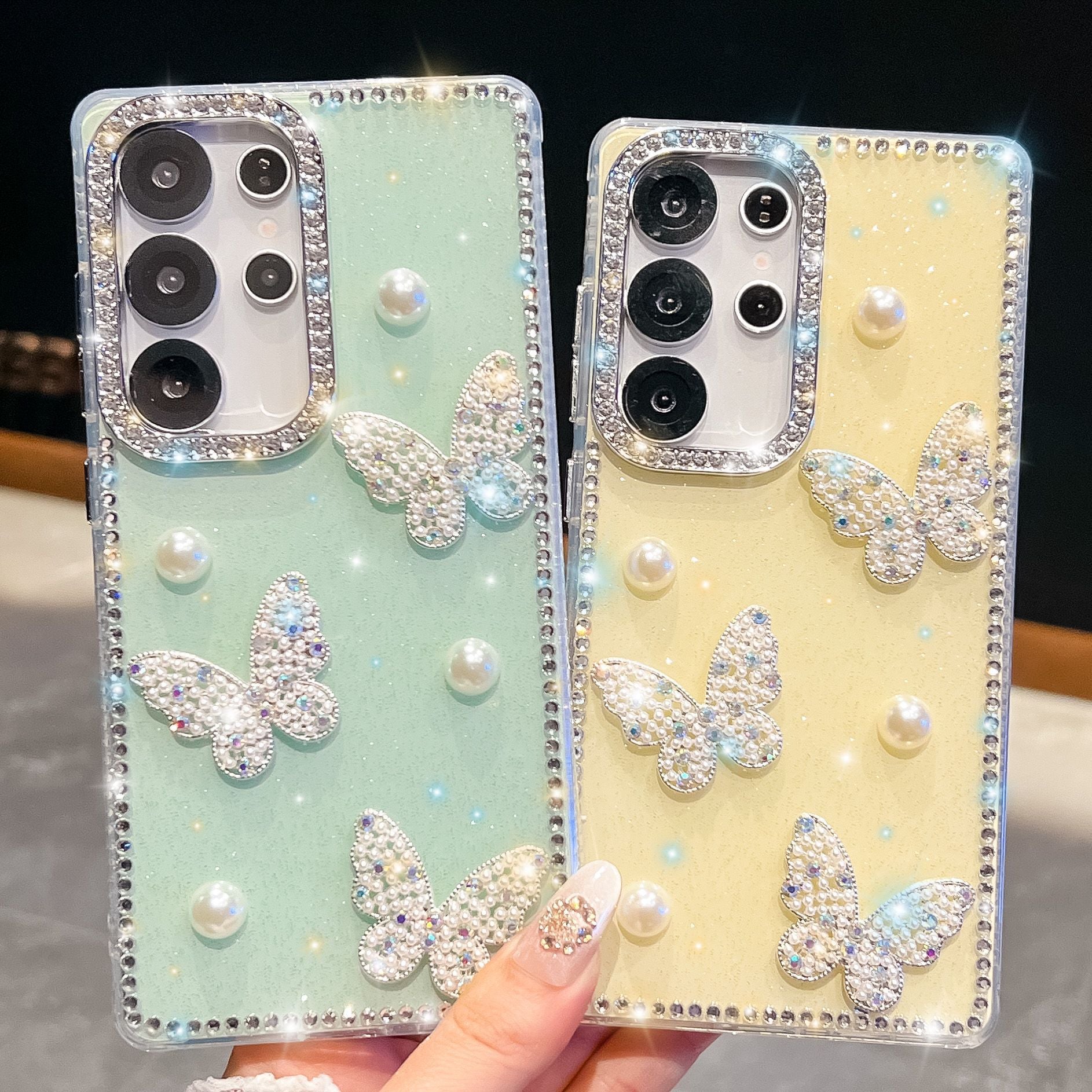 Glitter Powder Pearl Butterfly Style Coque téléphonique avec Strass