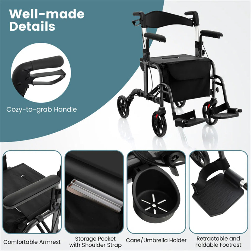 2-en-1 Walker roulant et fauteuil roulant (300lbs): poignées réglables à 6 niveaux