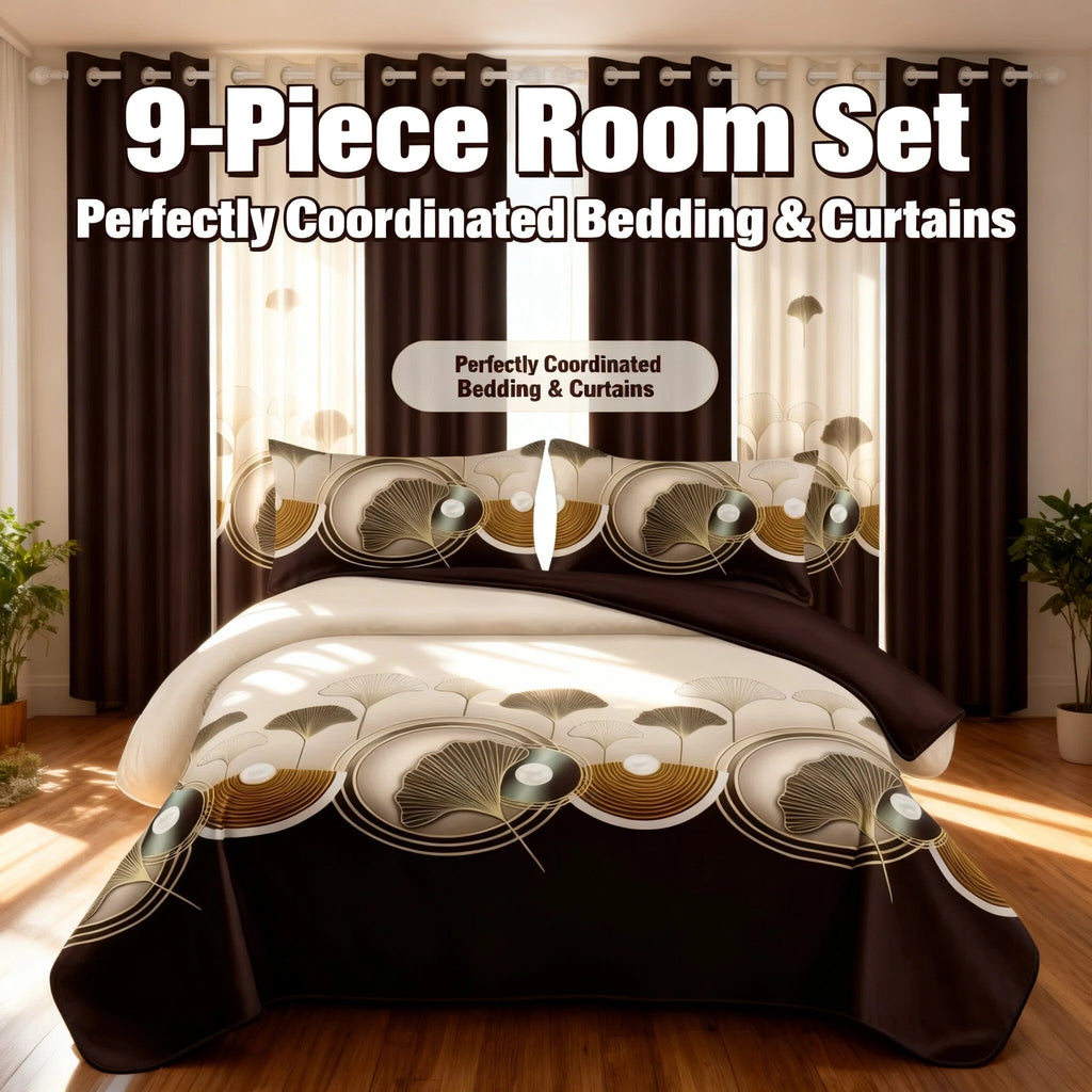 Couche de lit et rideau 9 piece brun et noir Lotus