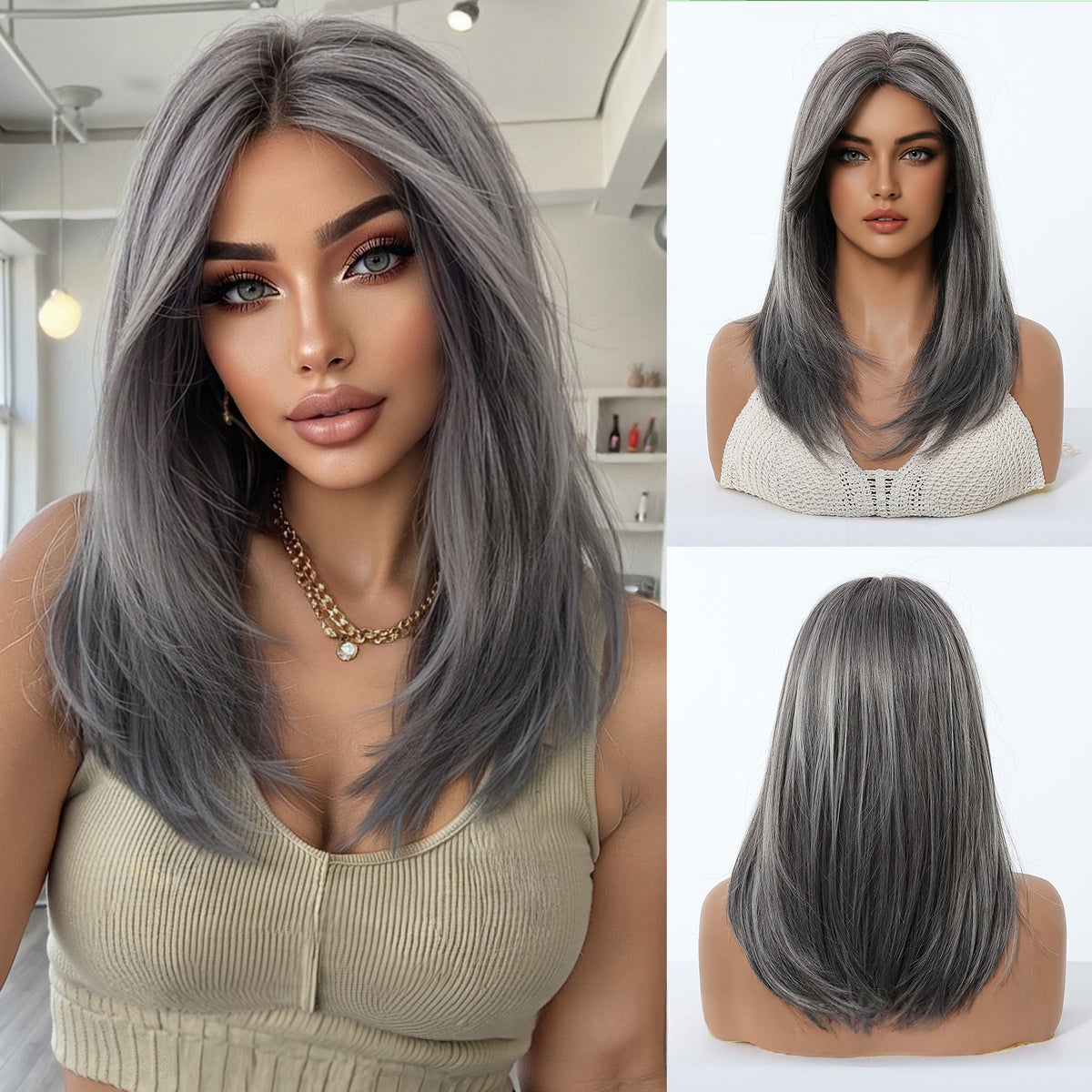 Gradient Or Perruque Femme Pleine Tête Longueur moyenne