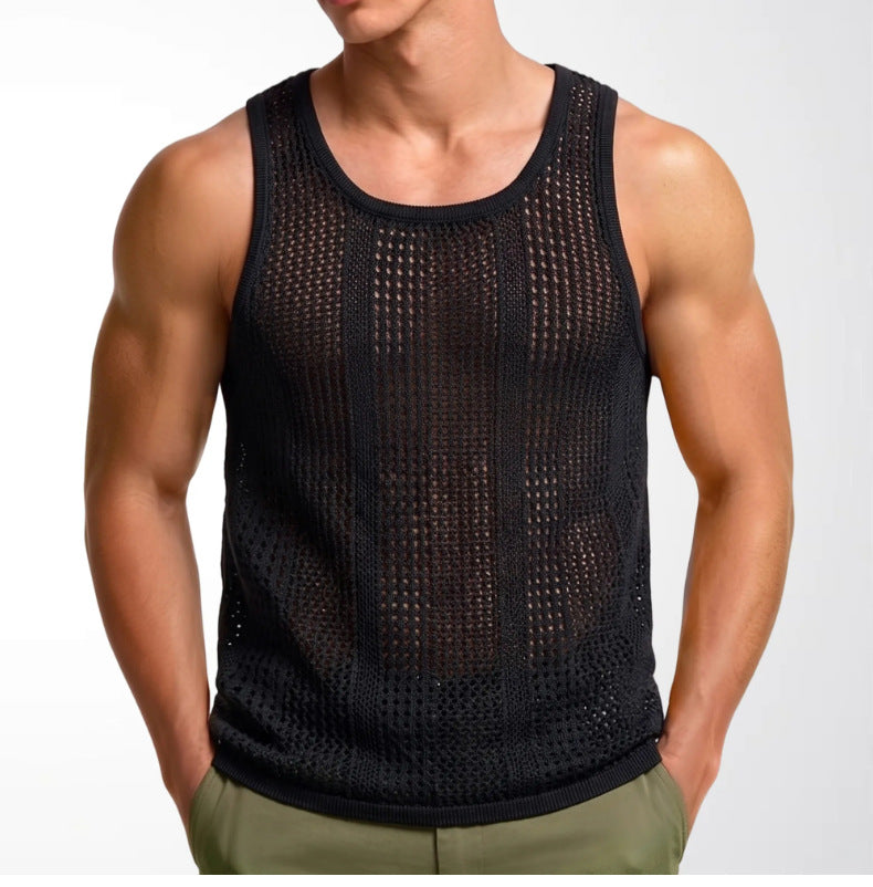 Été hommes sans manches Knit Hollow-out Deep U-Neck Casual Tank Top