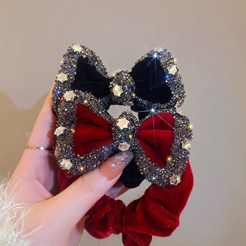 Red Velvet Strass Scrunchie avec un style de corde Bowwomens Cheveux Accessoire