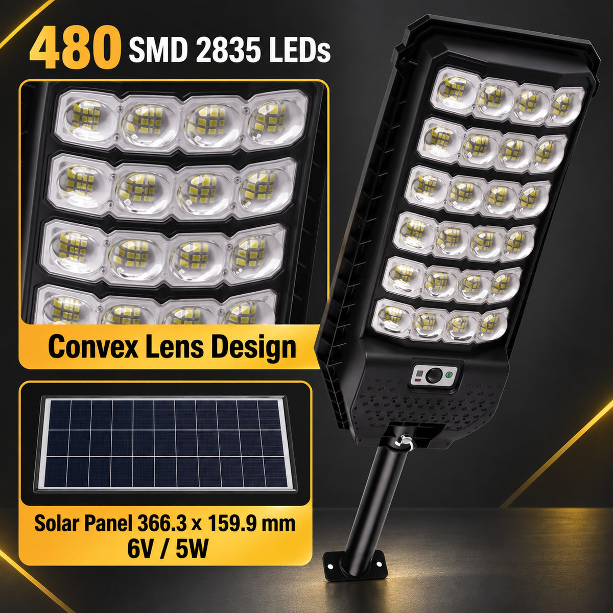 Solar Powered Motion Sensor Outdoor Light W7208 6 Noir pour Garden Yard Street Wall LED