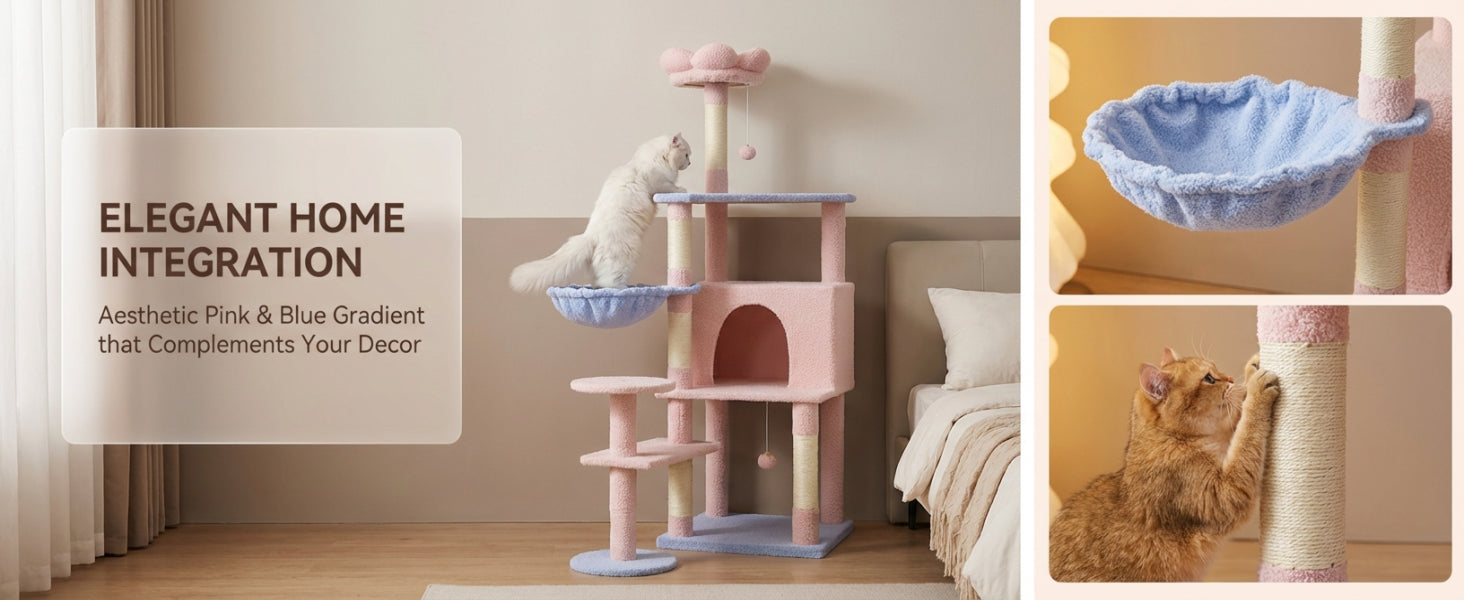 Arbre de chat fleur avec grand condo coussin de fleur amovible et hamac rose